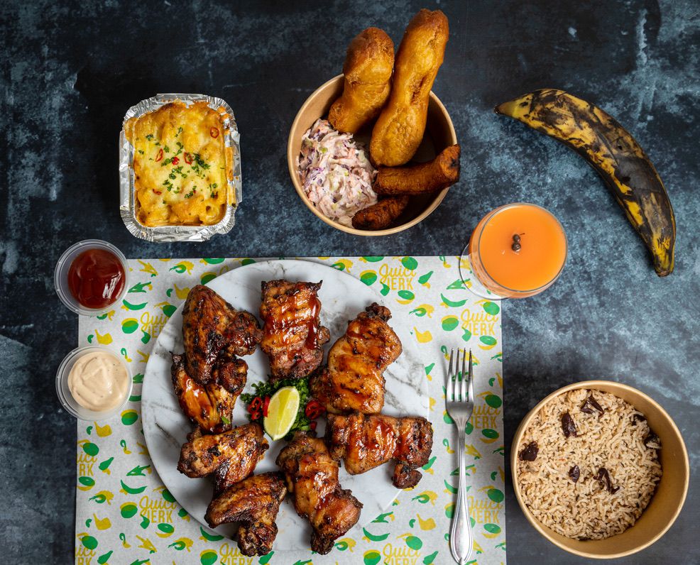 Juici Jerk’s kit, cooked and plated, a meal kit which emerged out of the coronavirus crisis in London