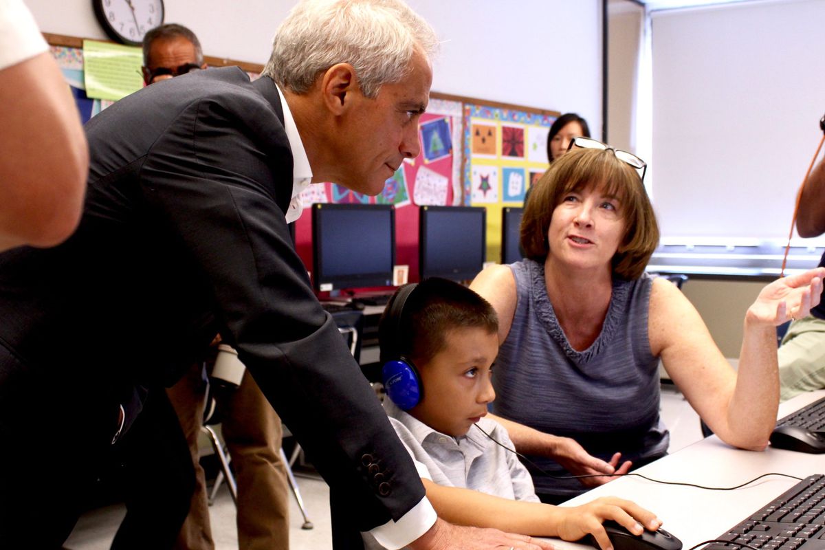 Rahm Emanuel at Cardenas Elementary School in Little Village, moments before he announced this year's $1 billion capital plan.