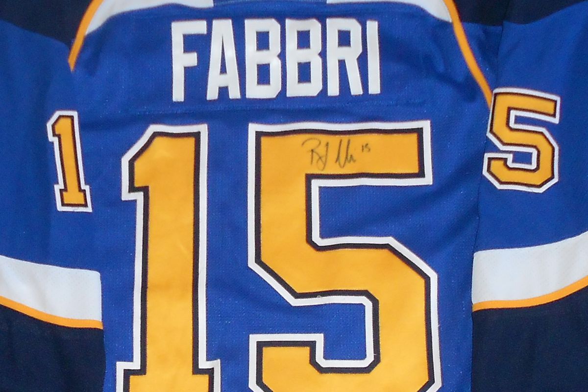 2014 Robby Fabbri signed game worn Traverse City Blues jersey
