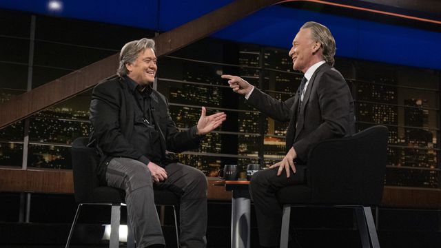 bill maher on the set of real time with bill maher talking to steve bannon