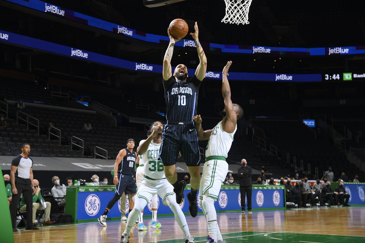 Evan Fournier of the Orlando Magic shoots the ball during the game against the Boston Celtics on March 21, 2021 at the TD Garden in Boston, Massachusetts.&nbsp;