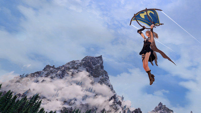 a modded version of Skyrim shows a character floating through the sky on a glider 