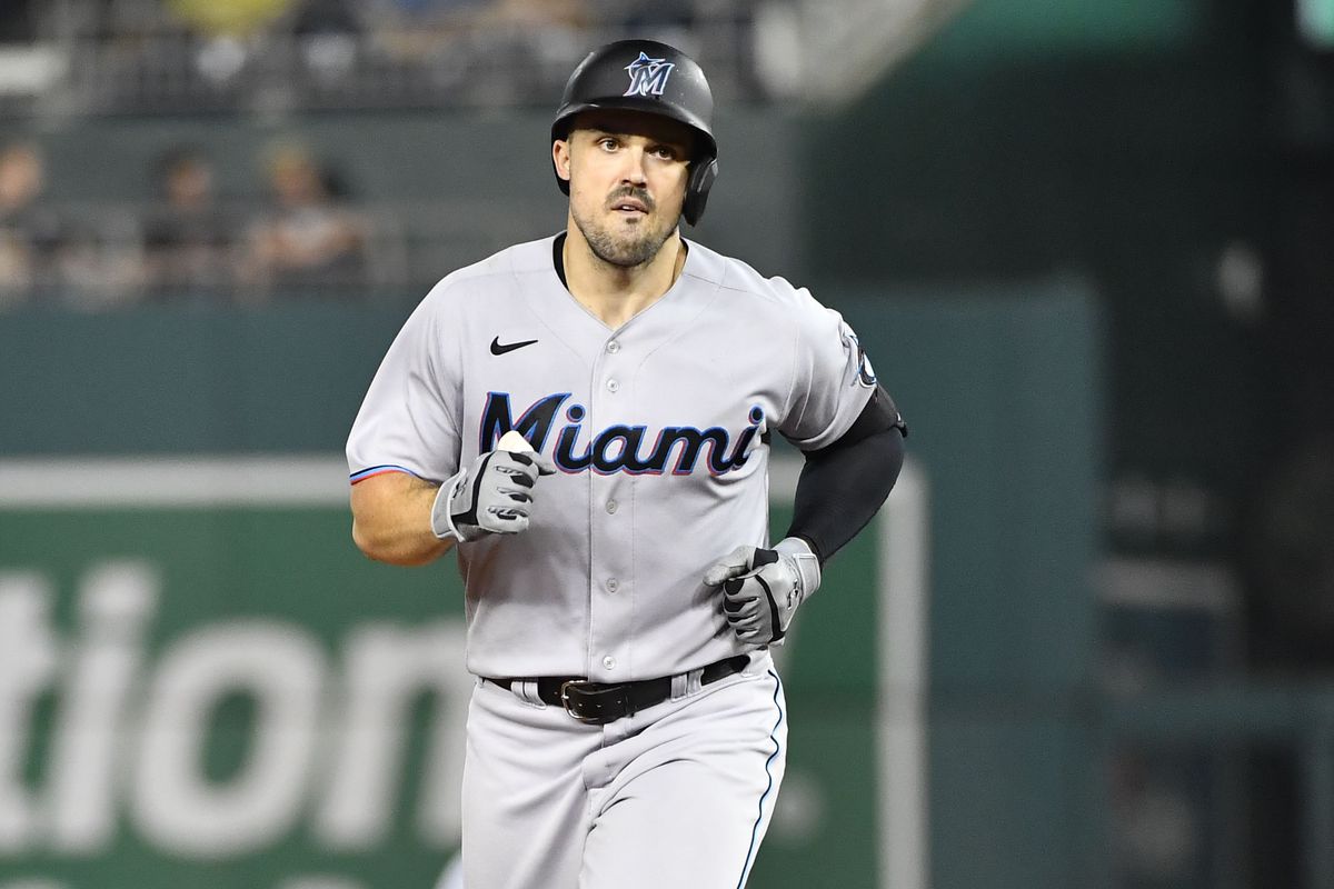 Miami Marlins left fielder Adam Duvall (14) rounds the bases after hitting a three run home run against the Washington Nationals during the sixth inning at Nationals Park