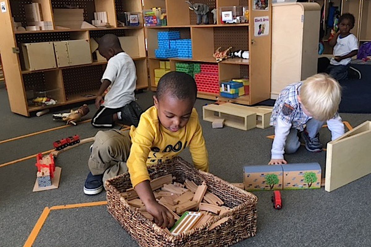 Children play in the “Bear Cubs” classroom at the Dahlia Campus preschool.