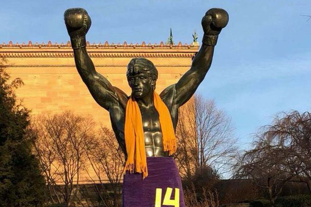 rocky statue with eagles jersey