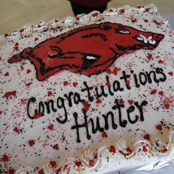 A Razorback cake is pictured during a ceremony honoring double amputee track star Hunter Woodhall at Shriners Hospitals for Children-Salt Lake City on Thursday, Aug. 10, 2017. Woodhall, who has a scholarship to the University of Arkansas, recently made history as the first double amputee to earn a track and field scholarship at an NCAA Division 1 school. He hopes to continue breaking down bearers for athletes with physical differences throughout his collegiate career. As a patient ambassador for Shriners Hospitals for Children-Salt Lake City, where he has receivedorthopedic care and customized prosthetic legs since he was a toddler, he has encouraged younger amputees to be proud of their differences and to be open about sharing their story to motivate others.