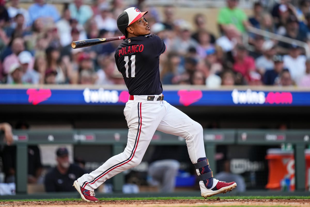 Jorge Polanco of the Minnesota Twins bats against the Cleveland Guardians on June 3, 2023 at Target Field in Minneapolis, Minnesota.