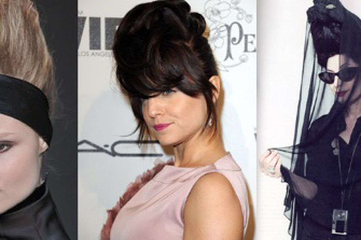From left: On the Karl Lagerfeld runway, Mena Suvari this week, fashion icon Diane Pernet