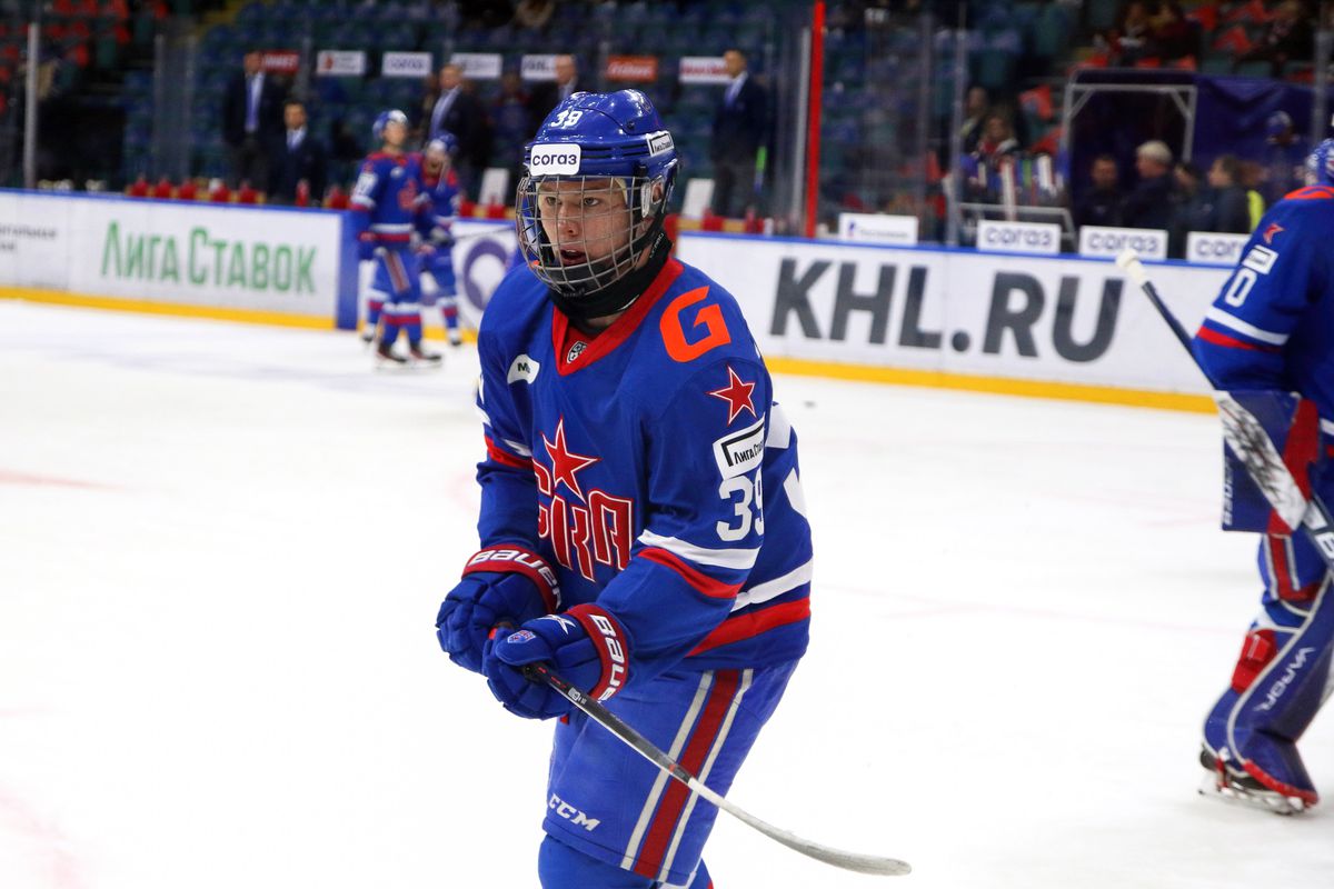 SKA Hockey Club player, Matvei Michkov (No.39) seen in...