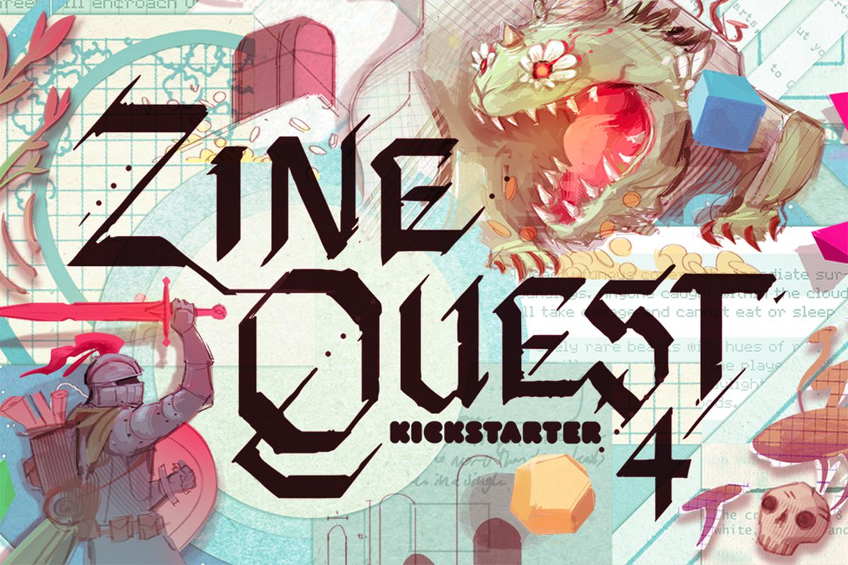 Key art for Zine Quest 4 shows a knight fighting a dragon with a character sheet in the background.