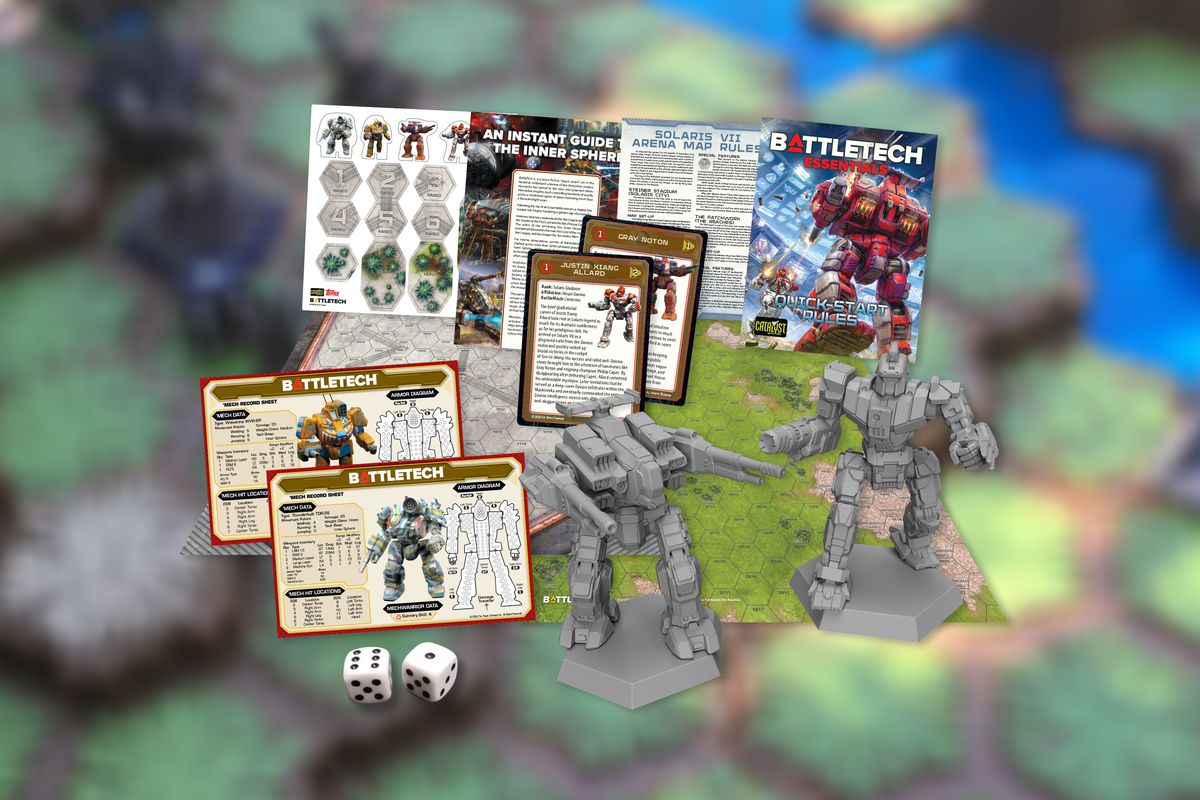 A stock photo of the contents of the Battletech Essentials Box, including unpainted miniatures of the Rifleman and Centurion ‘Mechs.