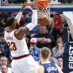 Cleveland Cavaliers forward LeBron James (23) dunks during the game against the Utah Jazz at Vivint Arena in Salt Lake City on Saturday, Dec. 30, 2017.