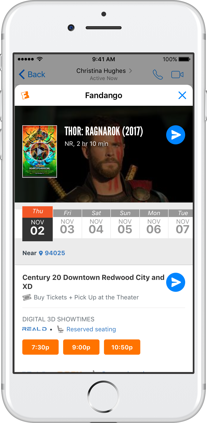 An iPhone showing Thor: Ragnarok tickets being purchased through Fandango’s movie bot.