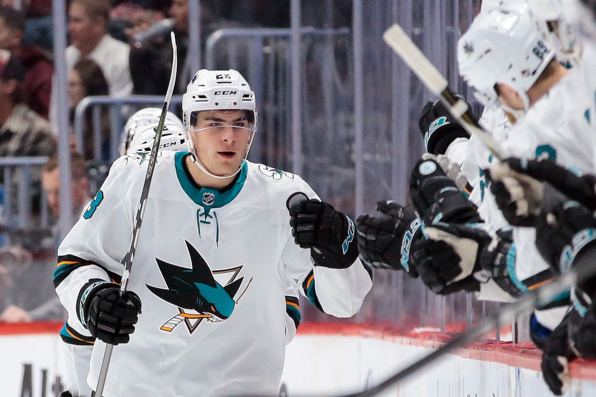 Jan 18, 2018; Denver, CO, USA; San Jose Sharks right wing Timo Meier (28) celebrates after his goal in the second period against the Colorado Avalanche at the Pepsi Center.