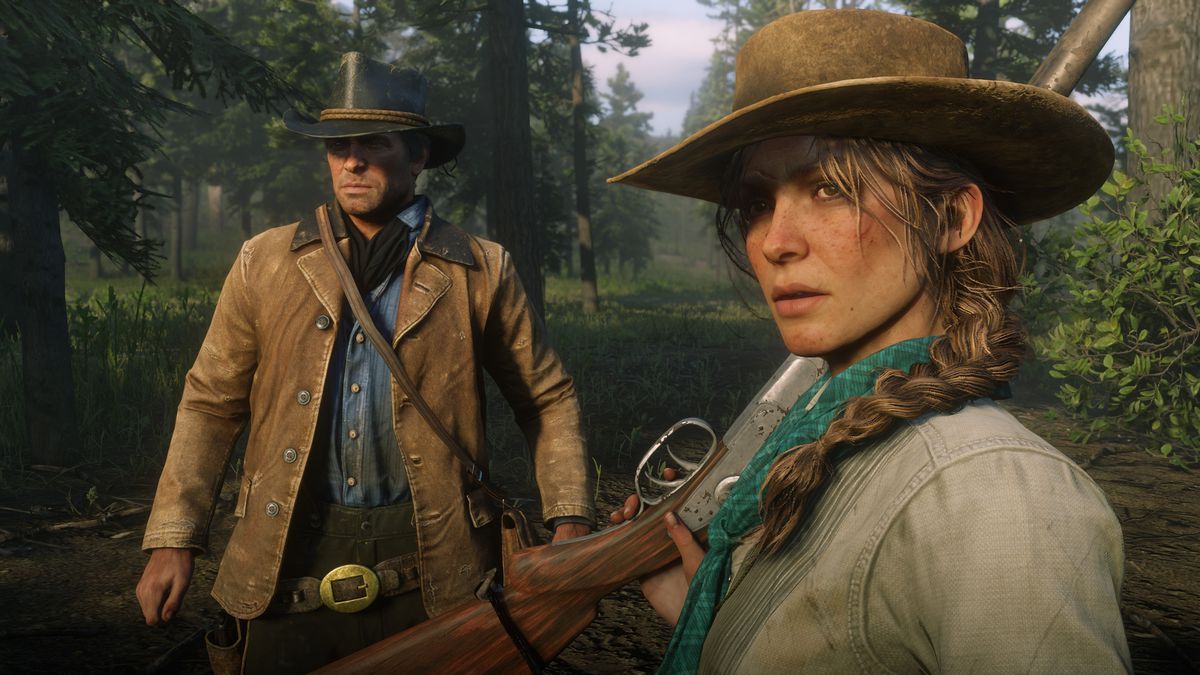 Red Dead Redemption 2 - Sadie Adler holding a rifle with Arthur Morgan behind her