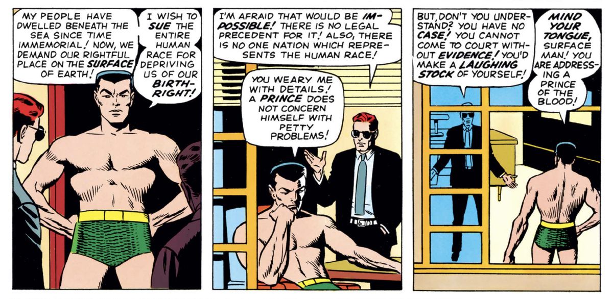 Matt Murdock tries to explain to a frustrated Namor that it is impossible to sue the entire human race in Daredevil #7 (1965). 
