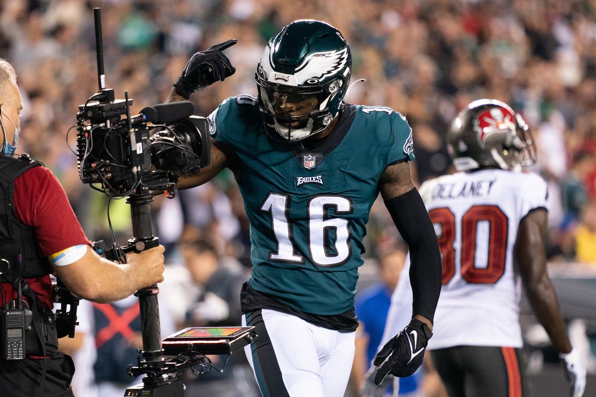 Philadelphia Eagles wide receiver Quez Watkins (16) reacts to a camera after scoring a 2 point conversion against the Tampa Bay Buccaneers during the fourth quarter at Lincoln Financial Field.
