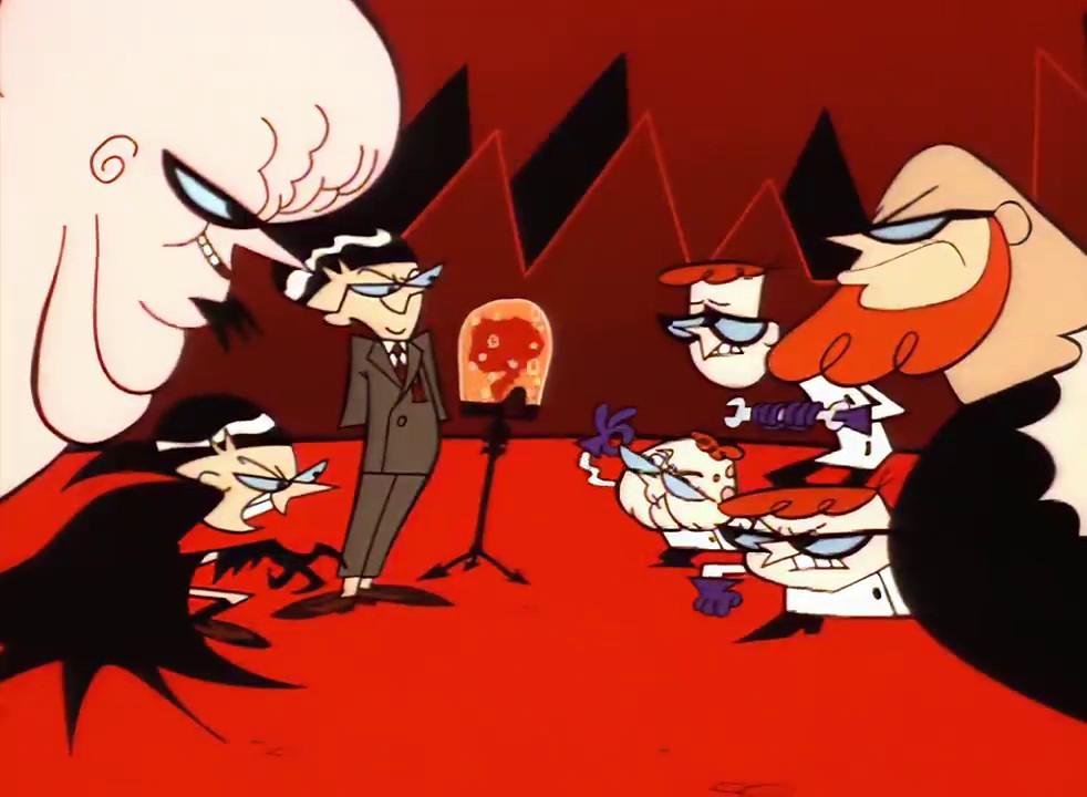 Dexter and his future selves facing off against Mandark and his future selves.