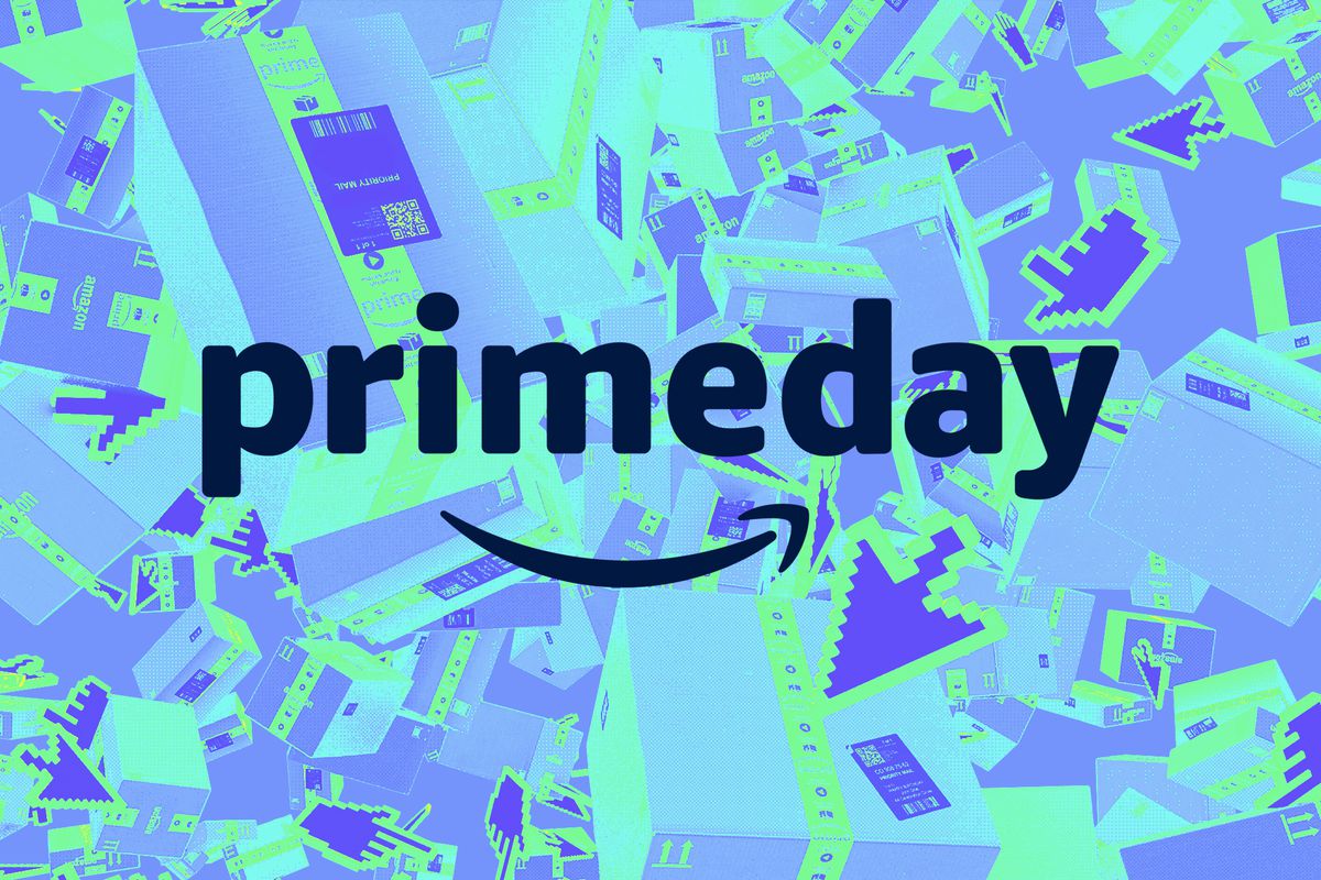 A blue/green graphic that says “Prime Day” laid over several Amazon shipping boxes.