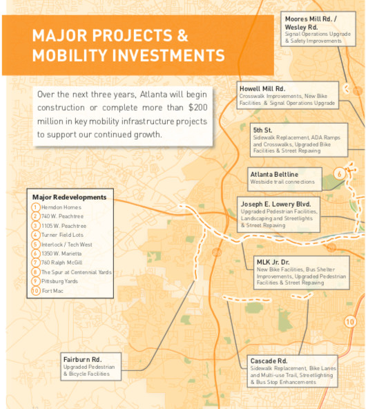 A graphic showing roadway and bikeway enhancements coming to Atlanta.