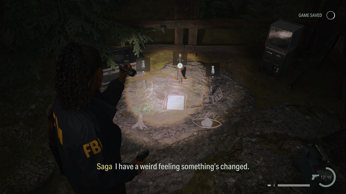 Saga looks at a solved Nursery Rhyme puzzle in Alan Wake 2
