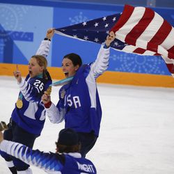 United States' Kendall Coyne, left, and Hilary Knight celebrate after winning the women's gold medal hockey game against Canada at the 2018 Winter Olympics in Gangneung, South Korea, Thursday, Feb. 22, 2018.