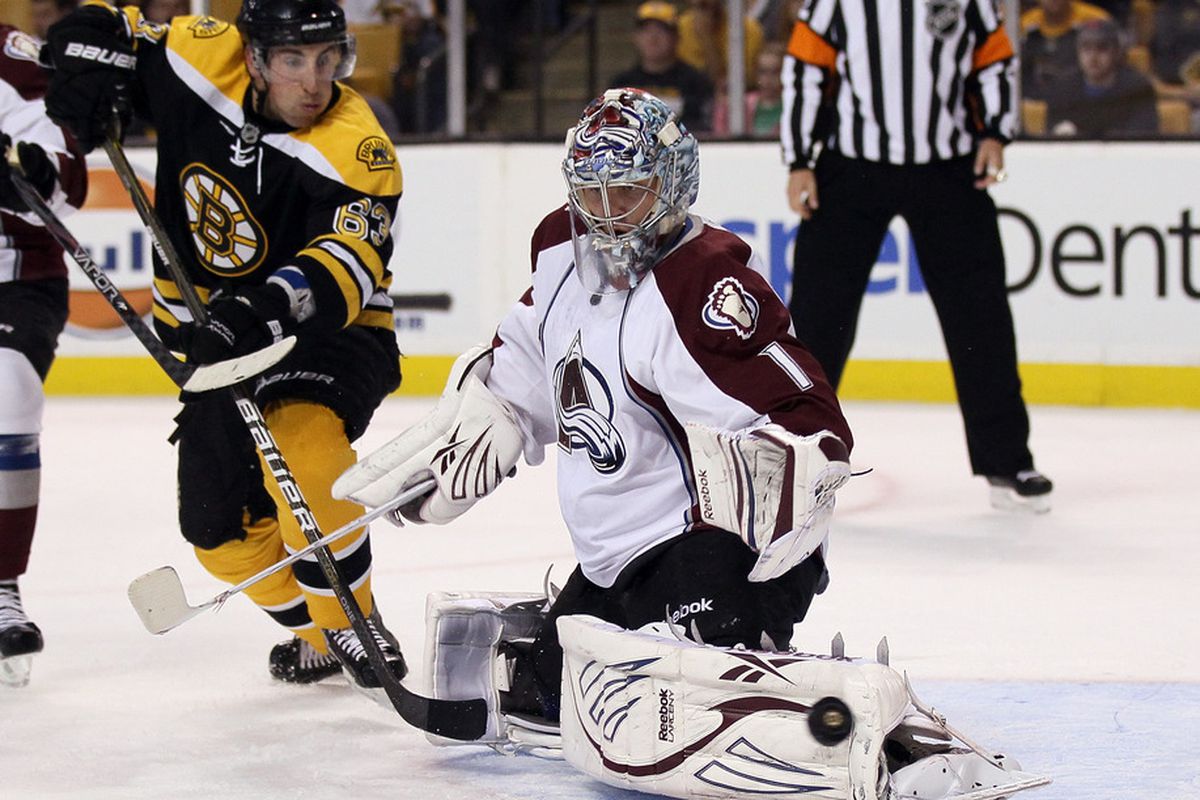 BOSTON, MA - OCTOBER 10:  Semyon Varlamov #1 of the Colorado Avalanche stops a shot by Brad Marchand #63 of the Boston Bruins on October 10, 2011 at TD Garden in Boston, Massachusetts.  (Photo by Elsa/Getty Images)