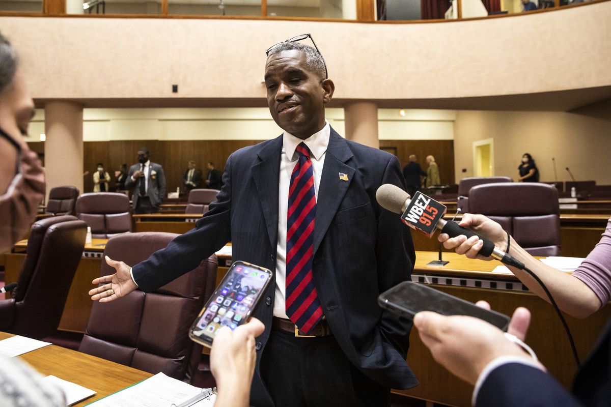 Ald. David Moore (17th) speaks with reporters after a Chicago City Council meeting at City Hall, Wednesday morning, June 23, 2021.