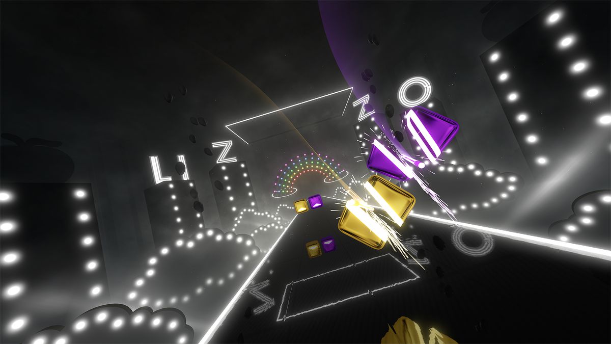 An image of the special Lizzo course in Beat Saber. It has a neon look and it spells out “LIZZO” in big bright letters in the background. 