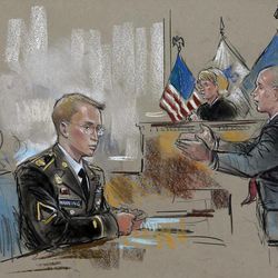 In this courtroom sketch, Army Pfc. Bradley Manning watches at left as his defense attorney, David Coombs, right, speaks in front of military judge Army Col. Denise Lind on the opening day of Manning's court martial in Fort Meade, Md., Monday, June 3, 2013. Manning, who was arrested three years ago, is charged with indirectly aiding the enemy by sending troves of classified material to WikiLeaks. He faces up to life in prison. 