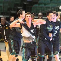 Nick Valles celebrates his last-second winning shot as Kearns High School defeats East High School 51-48 in the boy's 4A basketball tournament Monday, Feb. 29, 2016, in Orem.