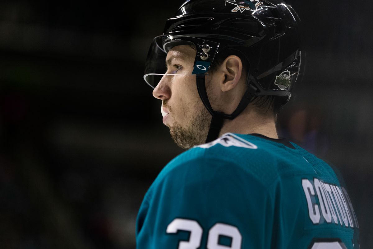Apr 18, 2018; San Jose, CA, USA; San Jose Sharks center Logan Couture (39) waits for a face-off against the Anaheim Ducks in the second period of game four of the first round of the 2018 Stanley Cup Playoffs at SAP Center at San Jose.