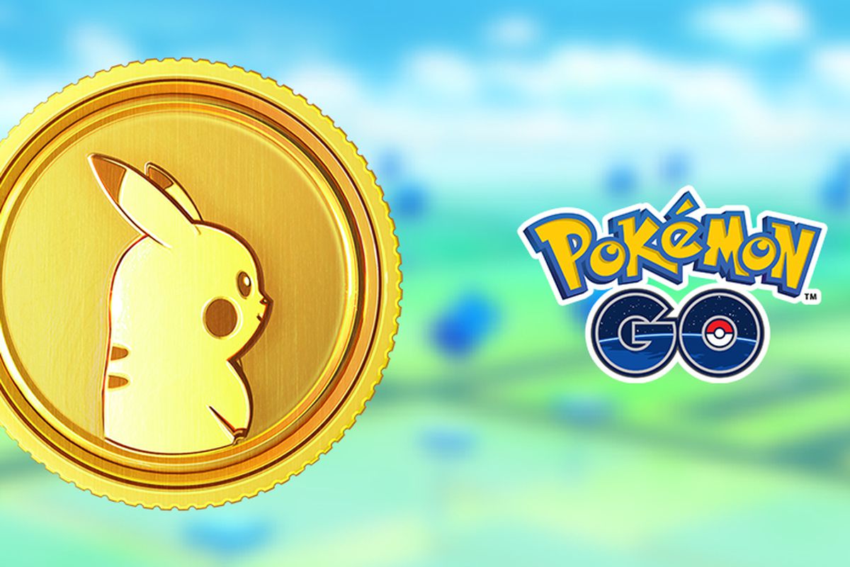 A Poké Coin with Pikachu on it next to the Pokémon Go logo