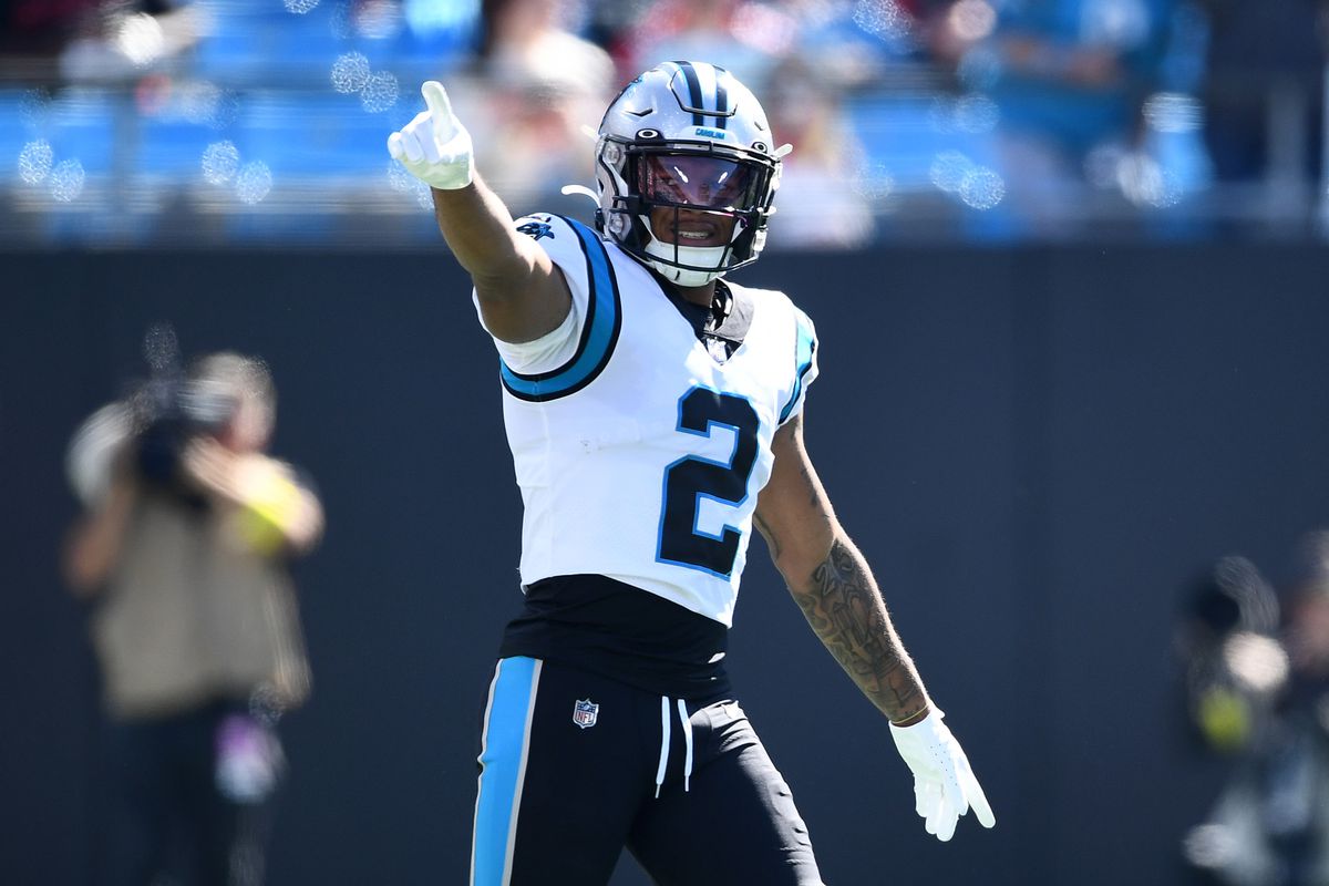 CHARLOTTE, NORTH CAROLINA - OCTOBER 23: DJ Moore #2 of the Carolina Panthers celebrates after a pass in the first quarter against the Tampa Bay Buccaneers at Bank of America Stadium on October 23, 2022 in Charlotte, North Carolina.