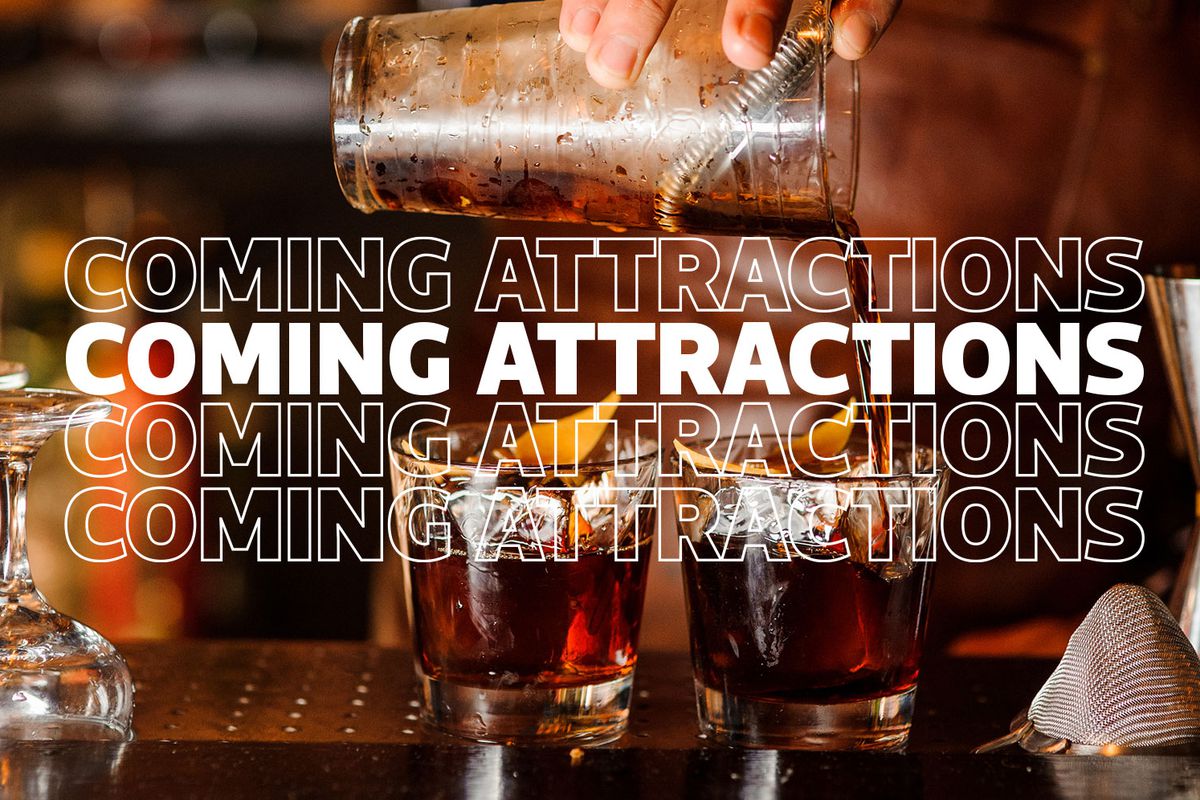 A hand pouring a mixed cocktail into two glasses on a bar behind text that reads Coming Attractions