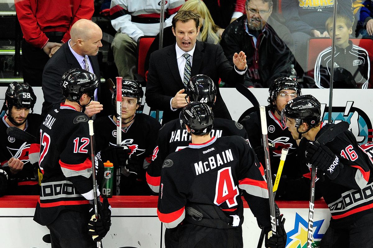 Hurricanes coach Kirk Muller discusses strategy with his team