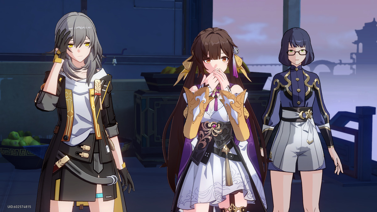 Trailblazer, Sushang, and another NPC standing next to each other in Honkai: Star Rail. Sushang is covering her mouth in disbelief and the Trailblazer is scratching her head.