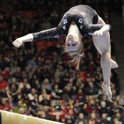 Utah's Tory Wilson competes in the balance beam portion of a contest against UCLA at the Jon M. Huntsman Center on Saturday, Jan. 25, 2014.