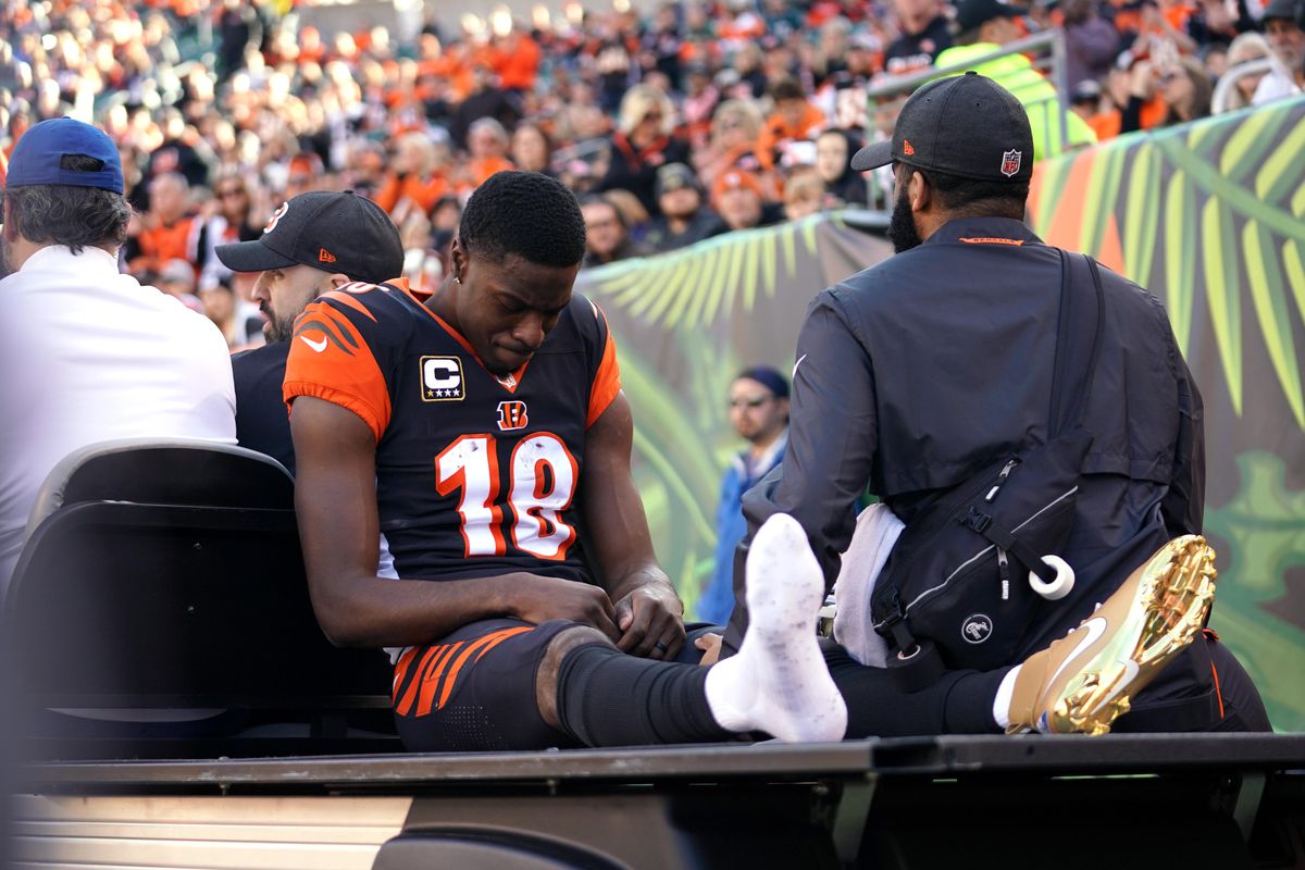 Cincinnati Bengals wide receiver A.J. Green is carted off the field after sustaining an injury in the game against the Denver Broncos in the first half at Paul Brown Stadium.&nbsp;