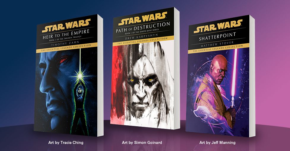 los primeros tres libros de la colección Essential Legends de Star Wars de Lucasfilm: Heredero del Imperio.  Path of Destruction y Shatterpoint
