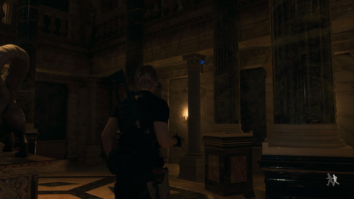 Leon S Kennedy looks at a blue medallion on the eastern side of the Grand Hall in Resident Evil 4 remake