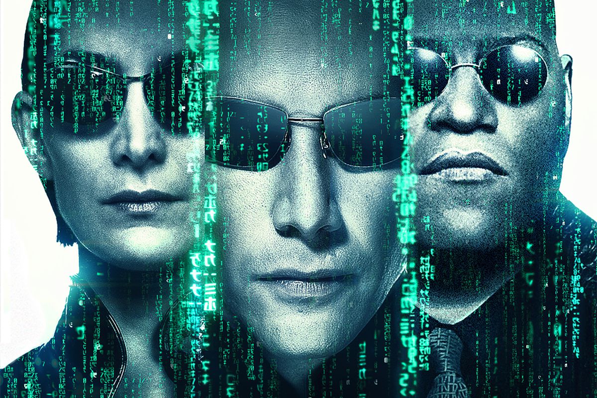 A film poster for the Matrix. Trinity, Neo, and Morpheus all wear sunglasses. They are toned blue, with the crawling Matrix code dividing them.