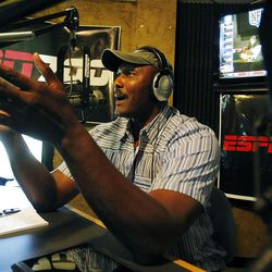 Former NBA  player Karl Malone does his radio show at ESPN 700 studios Wednesday, June 20, 2012.