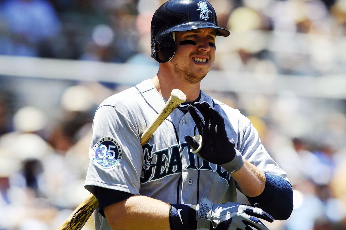 June 24, 2012; San Diego, CA, USA;  Seattle Mariners first baseman Justin Smoak (17) during the first inning against the San Diego Padres at Petco Park.  Mandatory Credit: Christopher Hanewinckel-US PRESSWIRE