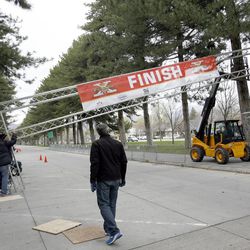 The scaffolding of the finish line is installed for tomorrow's Salt Lake City Marathon at Liberty Park in Salt Lake City on Friday, April 19, 2013.