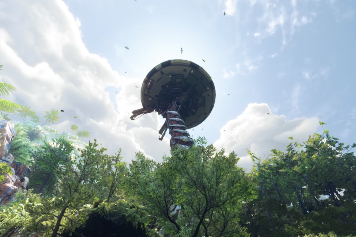 A tall robot appears from above the trees of a forest in Horizon Call of the Mountain