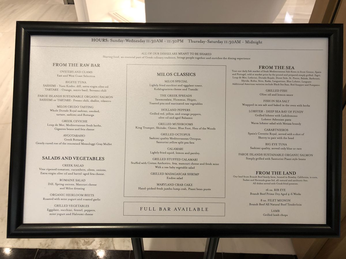 The Milos display menu, sans prices