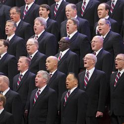 Members of the Tabernacle Choir sing during the Saturday morning session of the 183rd Semiannual General Conference for the Church of Jesus Christ of Latter-day Saints Saturday, Oct. 5, 2013 inside the Conference Center.
