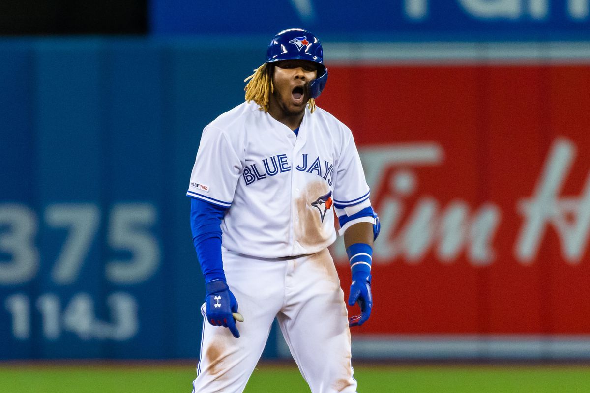 Toronto Blue Jays third baseman Vladimir Guerrero Jr. celebrates hitting a double against the Oakland Athletics during the eighth inning at Rogers Centre.