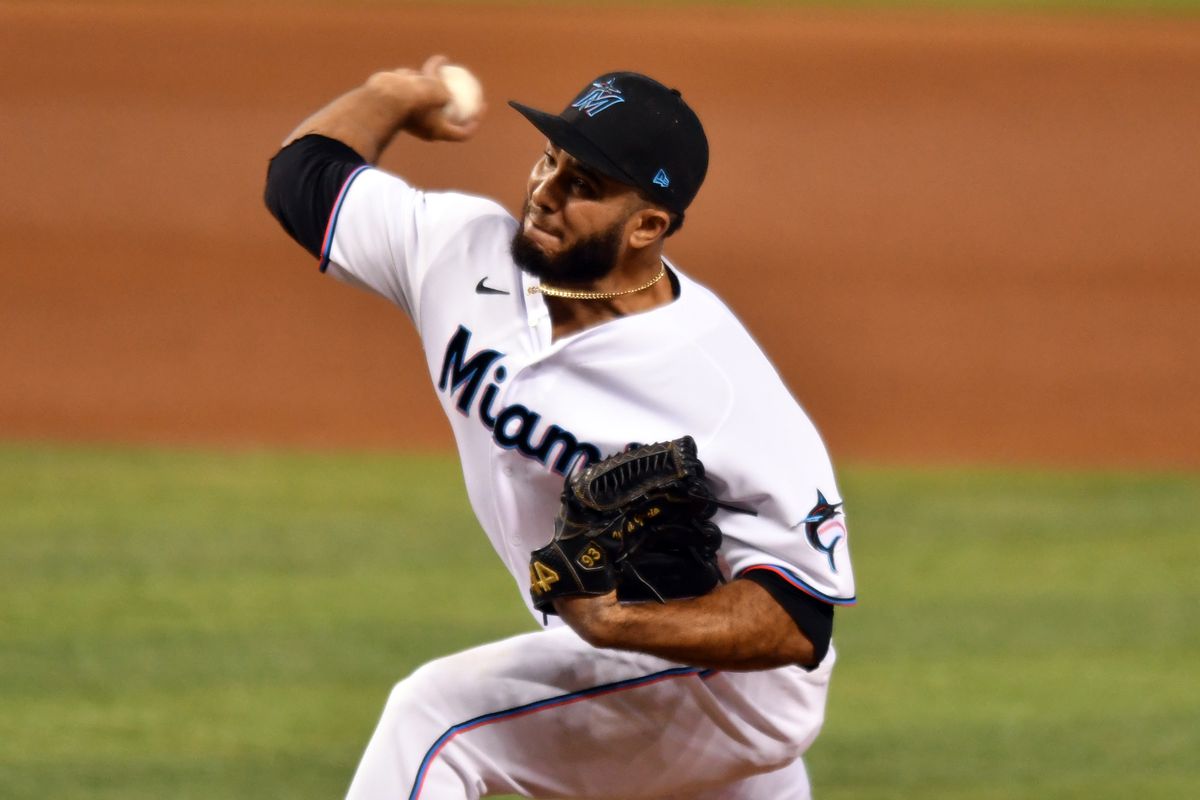 Miami Marlins relief pitcher Yimi Garcia (93) pitches against the Baltimore Orioles in the ninth inning at loanDepot Park